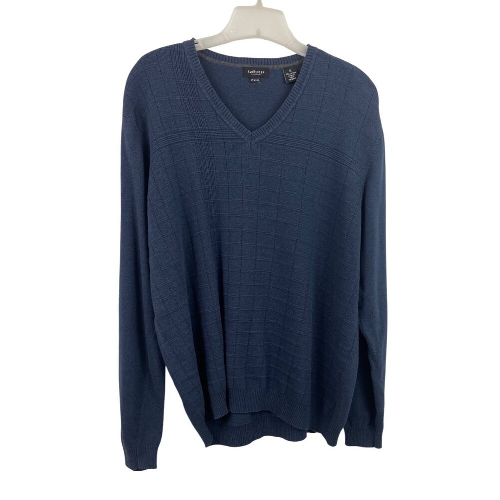 Van Heusen Studio Mens Blue V-Neck Sweater XL Textured Knit Long Sleeve